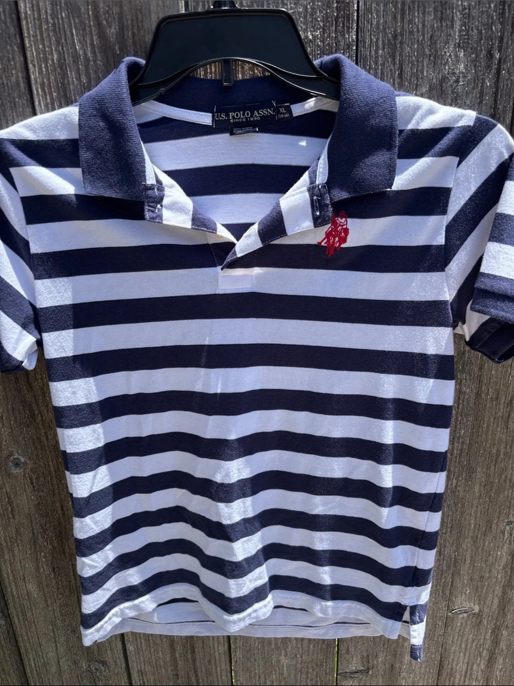 U.S. Polo Assn. Navy and White Striped Polo with Red Logo